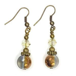 Boho Chic Glass Bead Dangle Earrings with Antique Brass Accents Brown Grey